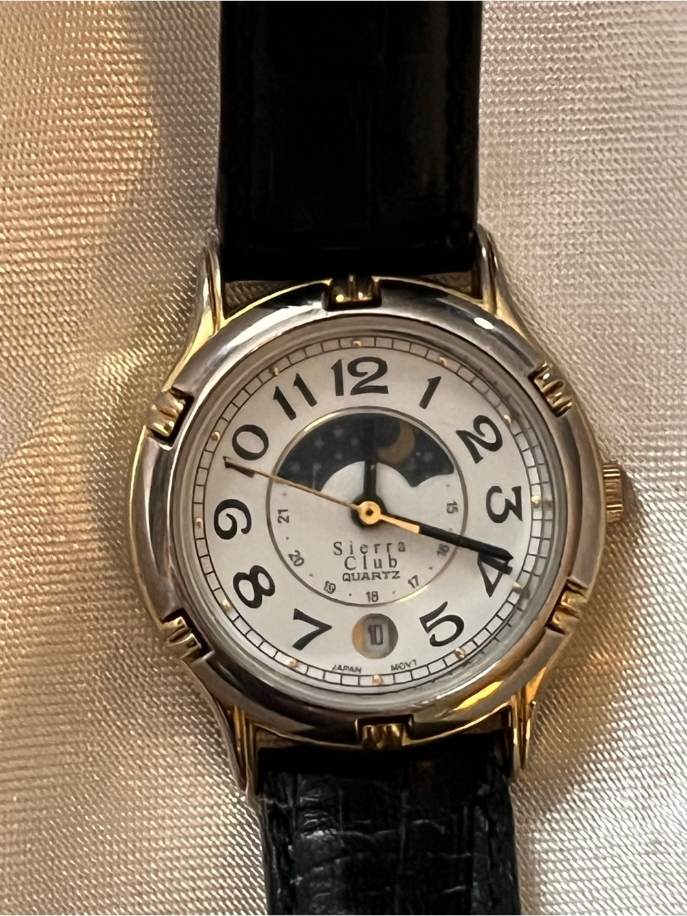 Women's Vintage Black Leather Strap Sierra Club Moon Phase Watch Gold-Tone Case